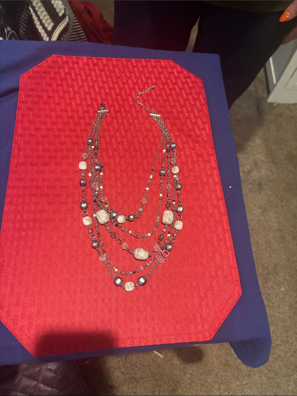 Lia Sophia Silver Tone Multi-Strand Necklace with Gray and White Beads